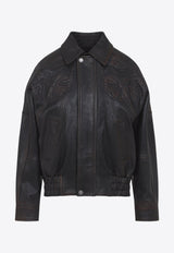 Flower Embroidered Leather Jacket