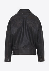 Flower-Embroidered Aged Leather Jacket