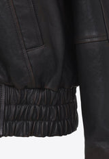 Flower-Embroidered Aged Leather Jacket