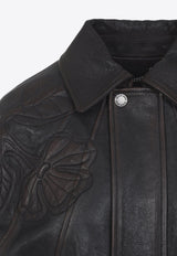 Flower-Embroidered Aged Leather Jacket