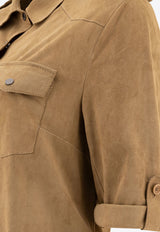 Salvatore Santoro Suede Leather Short-Sleeved Shirt Beige 48072-DBEIGE_78158