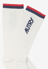 Autry Logo Print Ribbed Socks White SOPUE8FS_78624