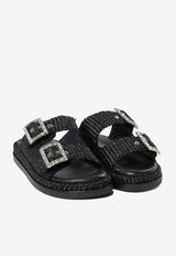 ALIBI Greta Crystal Buckle Raffia Sandals Black GRETANERO_78872