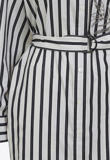 فستان مُقلم بطول منتصف الساق بقَصة قميص بتطريز زهور