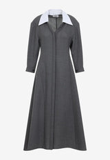 V-neck Wool Canvas Midi Dress