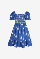 Mini Rodini Girls Printed Sailboats Shirred Dress Blue 2525011660CO/Q_MIRO-BL