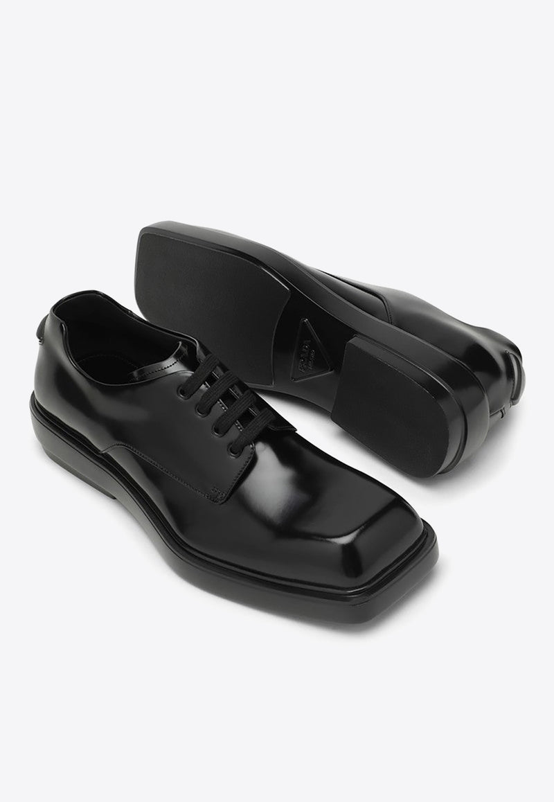 Prada Square-Toe Derby Shoes in Brushed Leather Black 2EG427G000055/O_PRADA-F0002