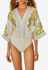 Farm Rio Sicily Floral V-neck Bodysuit Top Multicolor 336454_WHITE MULT