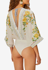 Farm Rio Sicily Floral V-neck Bodysuit Top Multicolor 336454_WHITE MULT