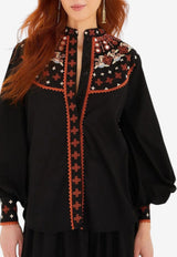 Farm Rio Embroidered Buttoned Blouse Black 351959_BLACK