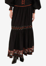 Farm Rio Embroidered Tiered Maxi Skirt Black 351960_BLACK