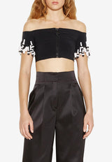 Emilio Pucci Fringe-Trimmed Off-Shoulder Cropped Top Black 3RRM12 3R639 999