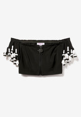 Emilio Pucci Fringe-Trimmed Off-Shoulder Cropped Top Black 3RRM12 3R639 999