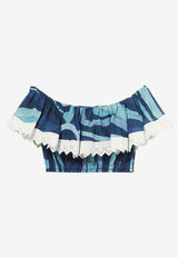Emilio Pucci Marmo-Print Off-Shoulder Cropped Top Blue 3RRM28 3R764 009