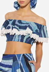 Emilio Pucci Marmo-Print Off-Shoulder Cropped Top Blue 3RRM28 3R764 009