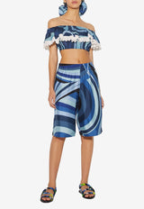 Emilio Pucci Marmo-Print Off-Shoulder Cropped Top Blue 3RRM28 3R764 009