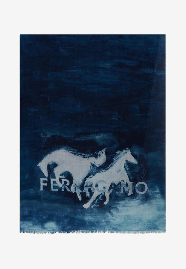 Salvatore Ferragamo Mustang Print Wool Stole 520097 ST MUSTANG 763594 NAVY Navy