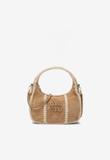 Miu Miu Wander Crochet Knit-Trimmed Suede Shoulder Bag Sand 5BC125OWR2IBG/R_MIU-F0401