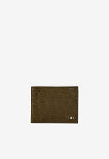 Ferragamo Gancini Croc-Embossed Leather Wallet Olive 661451 MICRO GANCIO 779775 NEW OLIVE