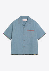 Valentino Floral-Trimmed Denim Bowling Shirt Blue 6V0DB04LALM/Q_VALE-508