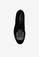 Dolce & Gabbana Coat of Arms Embroidery Velvet Loafers Black A50490 AO249-8R747