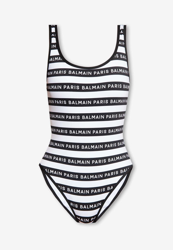 Balmain Striped Logo One-Piece Swimsuit Monochrome BKBGA1220 0-110