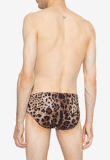 Dolce & Gabbana Leopard Print Logo Plaque Swim Briefs Brown 61123190 / 62171000