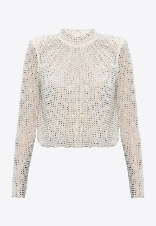 Self-Portrait Crystal-Embellished Cropped Top AW23-073T-C 0-CREAM