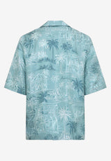 Amiri Palm-Print Bowling Shirt Blue