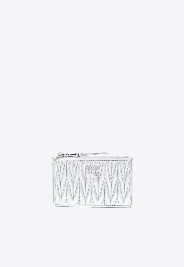 Miu Miu Logo Plaque Metallic Cardholder in Quilted Leather Silver 5MB0602FPP_F0118