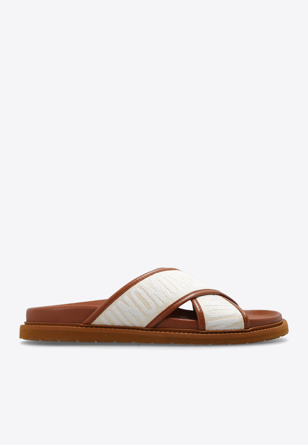 Moschino Logo Jacquard Leather Flat Sandals Beige MN28103G1I 106-10A