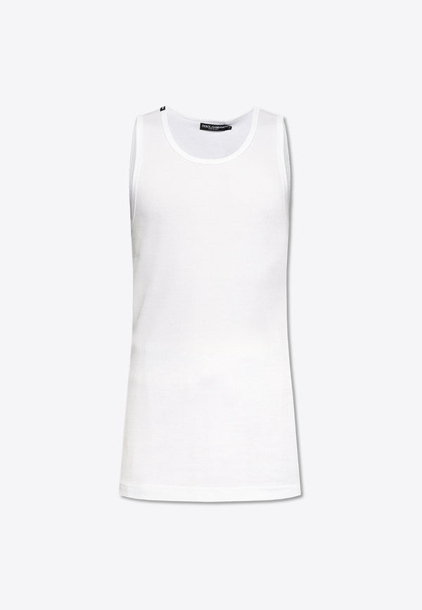 Dolce & Gabbana, NOOS, VTK, Men, Clothing, T-shirts, Crew Neck T-shirts, Solid T-shirts, Sleeveless T-shirts Logo Tag Fine-Rib Tank Top White G8QG9T FU7AV-W0800