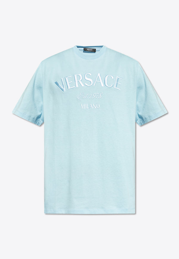 Versace Logo Embroidered Crewneck T-shirt Light Blue 1013302 1A10685-1VD60
