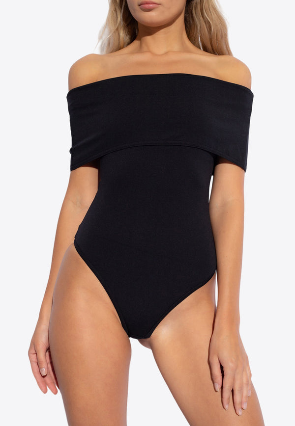 Bottega Veneta Stretch Nylon Off-Shoulder One-Piece Swimsuit Black 779268 V3PP0-1000