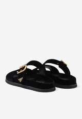 Prada Triangle Logo Velvet Flat Sandals Black 1XX715F010068_F0002