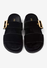 Prada Triangle Logo Velvet Flat Sandals Black 1XX715F010068_F0002