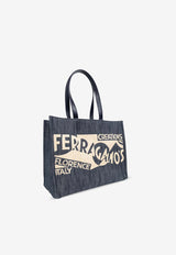 Ferragamo Medium Sign Logo Denim Tote Bag Navy Blue 219406 TT SIGN M 773820-DENIM NATURALE