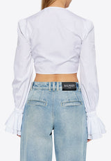 Balmain Ruffles Poplin Long-Sleeved Blouse White EF1HU296 CB02-0FA