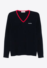 Miu Miu V-neck Cashmere Logo Sweater Navy MMLA33SOOO1580_F059F