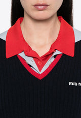 Miu Miu V-neck Cashmere Logo Sweater Navy MMLA33SOOO1580_F059F