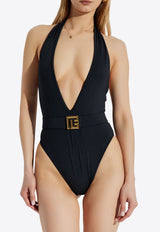 بدلة سباحة بمشبك شعار الماركة مع حمالات عنق