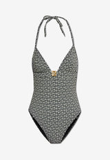 بدلة سباحة بحمالات عنق وشعار الماركة