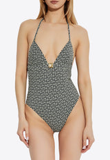 بدلة سباحة بحمالات عنق وشعار الماركة