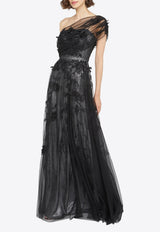 Theia Lenora Petal Embroidered One-Shoulder Gown Black 88112221_BLACK MULT
