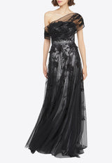 Theia Lenora Petal Embroidered One-Shoulder Gown Black 88112221_BLACK MULT