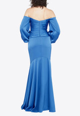 Theia Milenia Off-Shoulder Satin Draped Gown Blue 88113098_BLUE