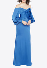 Theia Milenia Off-Shoulder Satin Draped Gown Blue 88113098_BLUE