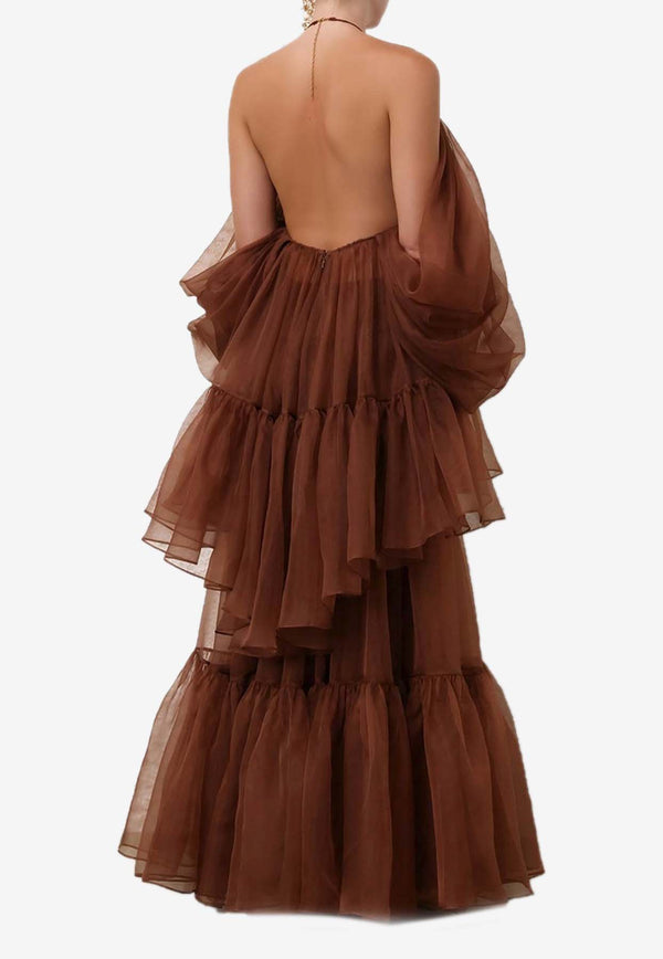 Zimmermann Natura Off-Shoulder Gathered Tulle Top Brown 9560TS241BROWN
