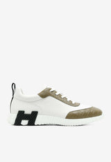 Bouncing Low-Top Sneakers in Blanc Calfskin and Etoupe Matte Alligator Leather