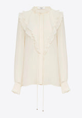 Chloé Ruffled Yoke Silk Georgette Blouse White CH25SHT24335115 Dusty White